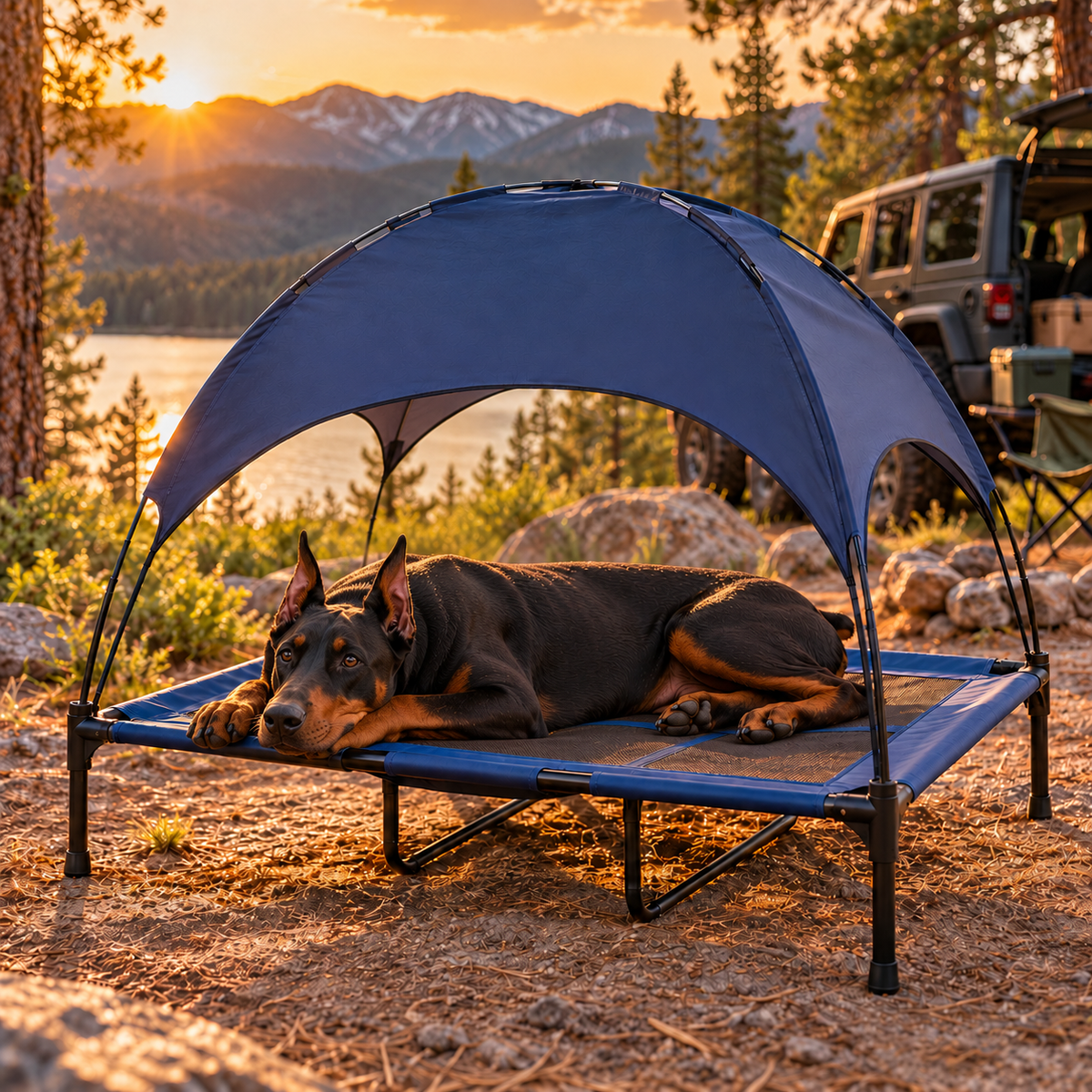 Portable Elevated Dog Cot with Shade Canopy – 48" × 36", Dark Blue