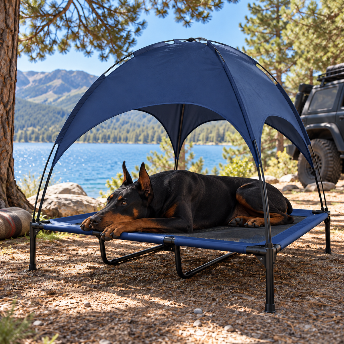 Portable Elevated Dog Cot with Shade Canopy – 48" × 36", Dark Blue